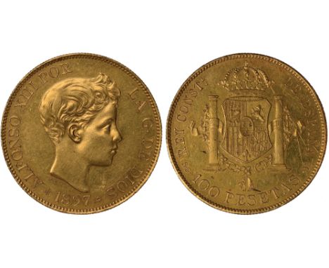G Foreign Coins and Medals, Spain, Alfonso XIII, 100 pesetas, 1897SGV(97), Madrid mint, child’s head r., rev. crowned shield 