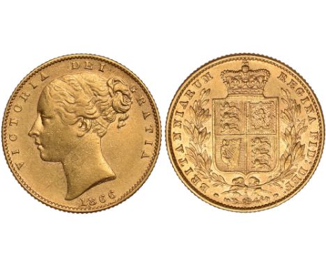 G British Coins, Victoria, sovereign, 1866, die no. 1, young head l., rev. crowned shield of arms within wreath (S.3853), a c