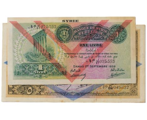 Banknotes, Syria, Banque de Syrie et du Liban, 1 September 1939, 1 livre, J/ET 075553; 5 livres, K/BW 049622 (Pick 40e/41e), 