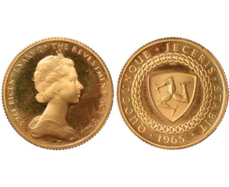 G British Coins, Isle of Man, Elizabeth II, proof sovereign, 1965, crowned bust r., rev. triskeles on shield within rope wrea