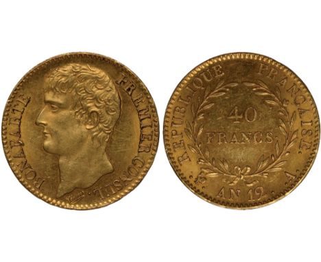 G Foreign Coins and Medals, France, Napoleon I, as first consul, 40 francs, year 12A (1803-1804), Paris, bare head l., rev. v