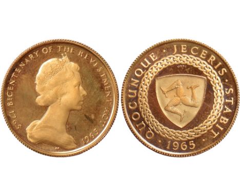 G British Coins, Isle of Man, Elizabeth II, proof half sovereign, 1965, crowned bust r., rev. triskeles on shield within rope