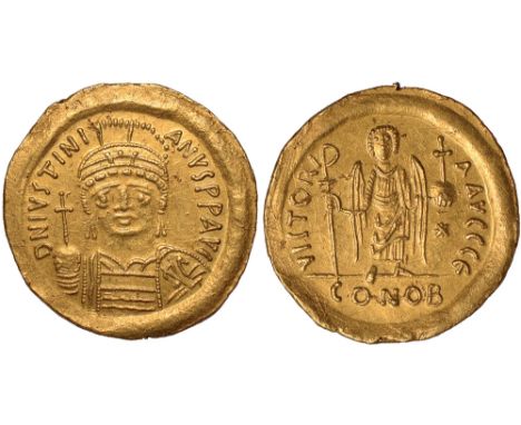 Ancient Coins, Justinian I (527-565), solidus, Constantinople, Officina  5 (545-565), D N IVSTINI–ANVS P P AVG, helmeted and 