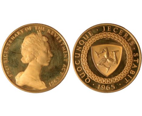 G British Coins, Isle of Man, Elizabeth II, proof five pounds, 1965, Bicentenary of Acquisition, crowned bust r., rev. triske