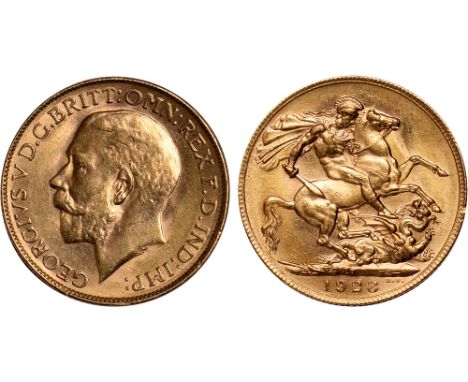 G British Coins, George V, sovereign, 1928P, bare head l., rev. St. George and the dragon, P above date (S.4001), a few edge 