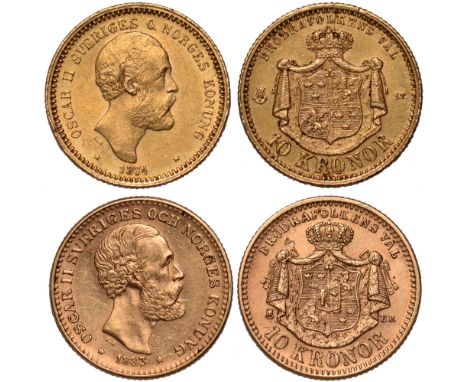 G Foreign Coins and Medals, Sweden, Oscar II, 10 kronor (2): 1874; 1883, bare head r., rev. crowned shield of arms over mantl