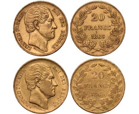 G Foreign Coins and Medals, Belgium, Leopold I, 20 francs, 1865 (2) bare head r., rev. value and date within wreath (KM.23), 