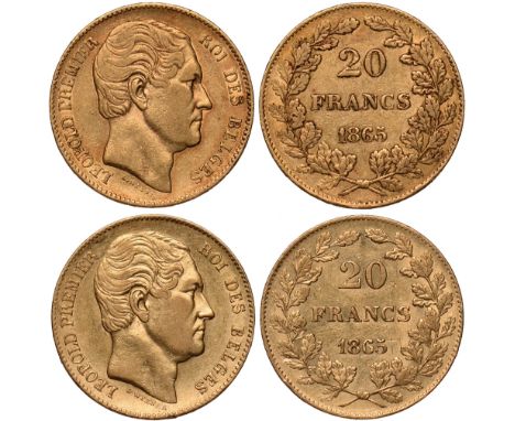 G Foreign Coins and Medals, Belgium, Leopold I, 20 francs, 1865 (2) bare head r., rev. value and date within wreath (KM.23), 