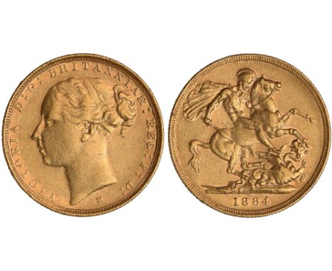 G British Coins, Victoria, sovereign, 1884M, WW buried in narrow truncation, horse with short tail, small, almost imperceptib