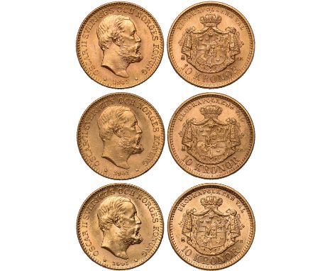 G Foreign Coins and Medals, Sweden, Oscar II, 10 kronor, 1901 (3), bare head r., rev. crowned shield of arms over mantle (KM.