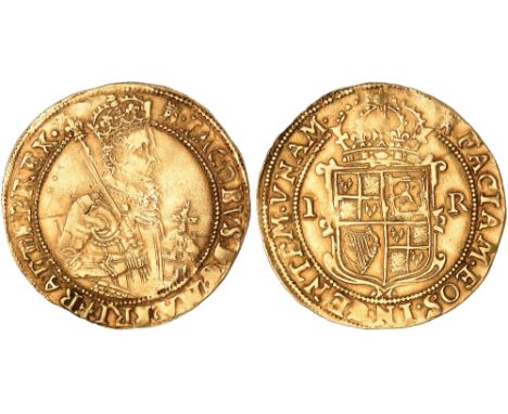 British Coins, James I, second coinage, unite, mm. tower (1612-1613), crowned fourth bust r., holding orb and shouldering sce