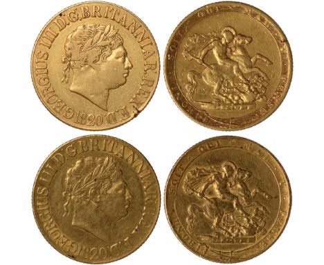 G British Coins, George III, sovereigns, 1820 (2), open 2 and closed 2, laur. head r., rev. St. George and the dragon (S.3785