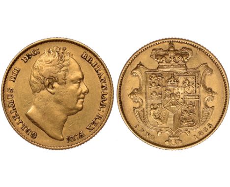 G British Coins, William IV, sovereign, 1833, bare head r., rev. crowned shield of arms (S.3829B), about very fine, reverse b