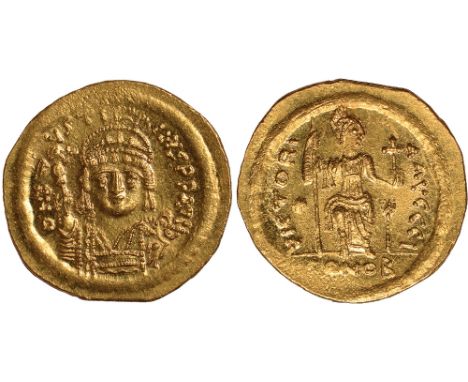 Ancient Coins, Justin II (565-578), solidus, Constantinople, Officina 10 (567-578), DN I-VSTI-NVS PP AVG, pearl-diademed, hel