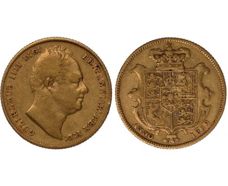 G British Coins, William IV, sovereign, 1832, first bare head r., rev. crowned shield of arms (S.3829), fine, scarce