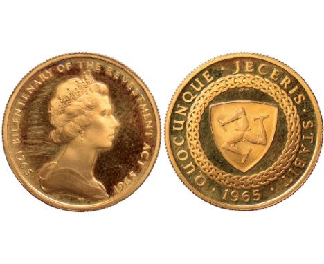 G British Coins, Isle of Man, Elizabeth II, proof half sovereign, 1965, crowned bust r., rev. triskeles on shield within rope