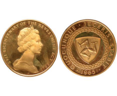 G British Coins, Isle of Man, Elizabeth II, proof five pounds, 1965, Bicentenary of Acquisition, crowned bust r., rev. triske