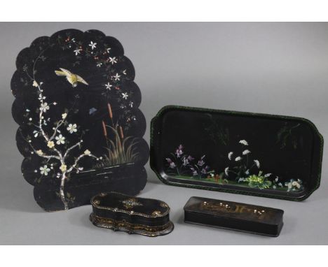 A Victorian papier mâché rectangular panel with painted &amp; mother o’ pearl inlaid decoration, &amp; with lobed edge, on ea