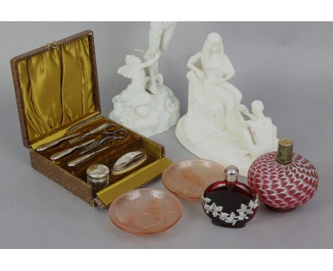 A silver-mounted six-piece manicure set, Birmingham 1950, cased; together with a ruby glass scent bottle; a glass powder bowl