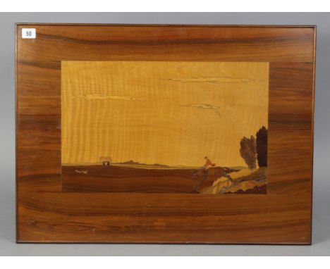A parquetry-inlaid rectangular panel depicting a fox-hunting scene, titled to reverse: “The Ditch”, 20½” x 27½”; &amp; three 