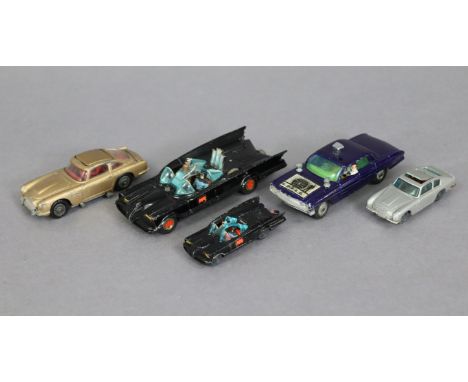 Three Corgi die-cast scale models “Batmobile”, “James Bond Aston Martin DB5”, &amp; “Oldsmobile Super 88”; &amp; two Husky sc