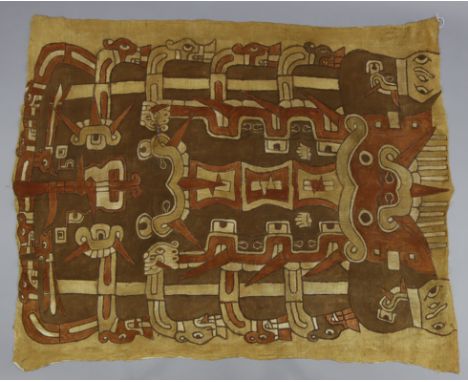 An Asian textile panel of fawn ground with all-over stylised decoration of mythical beasts; 61” x 49”.