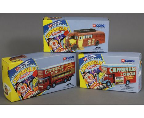 Three Corgi Classics Chipperfield Circus scale models “AEC Pole Truck” (No. 97896), “AEC Regal Living Quarters”, (No. 97022),