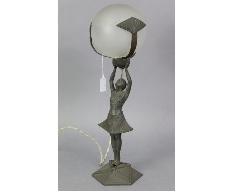 An Art Nouveau-style cast-spelter novelty table lamp, the column in the form of a standing ballerina, on a six sided base, &a