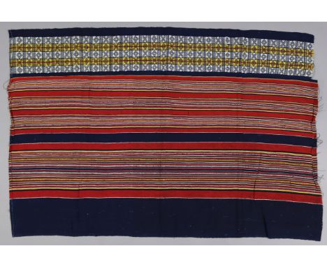 An Asian rectangular textile panel of deep blue ground, with multicoloured stiped &amp; geometric designs; 4’2” x 3’9”; &amp;
