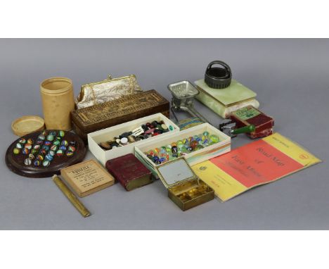 A parquetry-inlaid mahogany cribbage box; together with a solitaire board; various marbles; a Spong’s knife &amp; scissor sha
