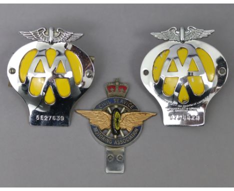 An enamelled chrome-plated car membership badge “Civil Service Motoring Association”; &amp; two “AA” car membership badges.