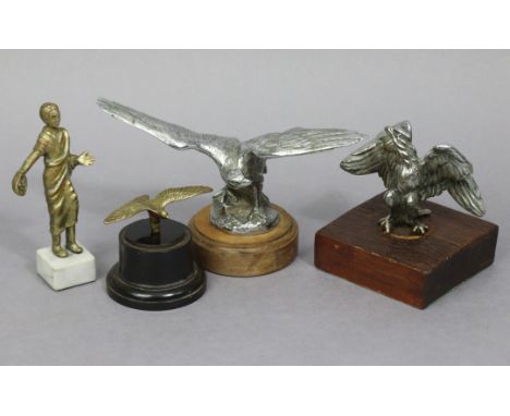 Two chrome-plated “Eagle” car mascots; &amp; two other car mascots(?), each mounted on a plinth.