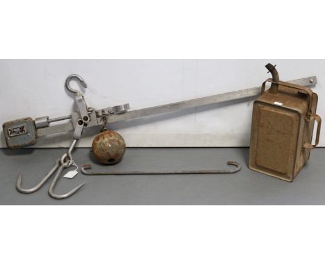 An Avery’s of Birmingham ceiling-hanging butcher’s scale to weigh 300lbs, 39¾” long; &amp; a vintage paraffin can, 13½” high.