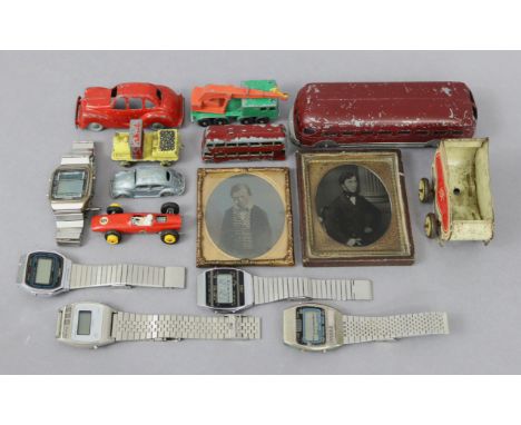 Two daguerreotype portrait miniatures; five various gent’s wristwatches; &amp; eight various scale model vehicles, all un-box