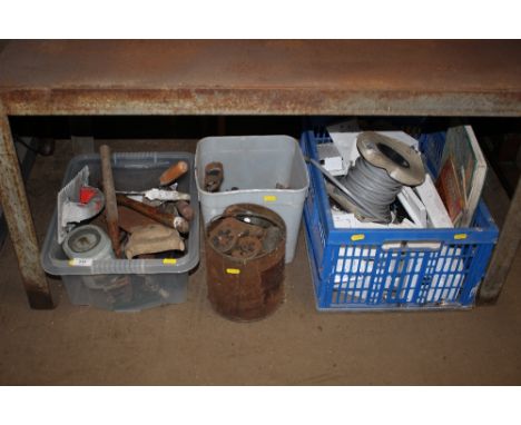 Three boxes and a tin of various tools and household items 
