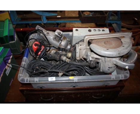 A box of various tools to include sander; a circular saw etc. sold as collector's items 