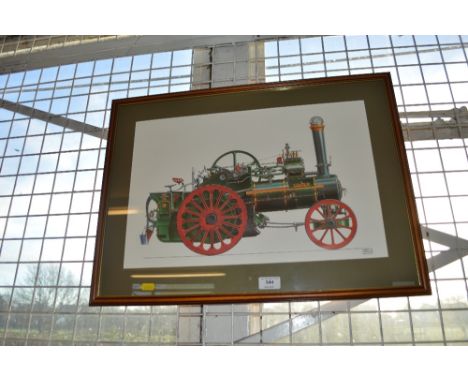 A framed print depicting a steam engine 