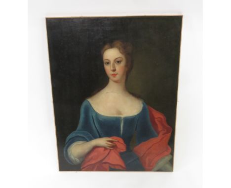 Late 18th/early 19th Century English School - Portrait of a lady, half length, wearing a blue dress, oil on canvas, unsigned 