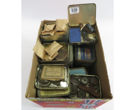 Box of old pocket watch movement, watch spares &amp; parts, tins of pins/nails etc, wrist watches, clock parts etc