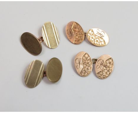 A pair of 9 carat gold cufflinks, with one plain oval panel and one engine turned oval panel; with another similar pair of 9 