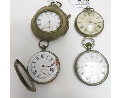 Collection of three white metal pocket watches, and one chronograph watch (stamped 'The Ascott Patent 1887')