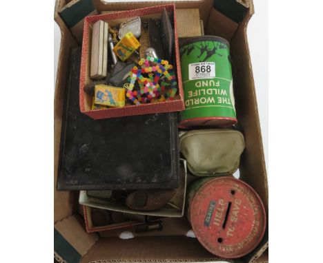 A box of assorted collectables including coins, pen knives, watercolour paint tin, pipe cleaning tools, leather cased tape me