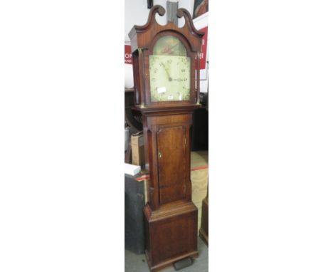 30hr longcase clock, arch dial within an oak and crossbanded mahogany case, complete with pendulum and weight