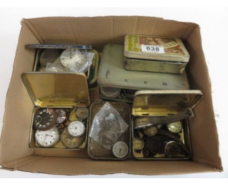 Box of old pocket watch parts mostly incomplete, old wrist watches etc