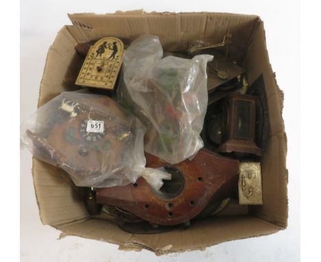 Box containing large quantity of old clocks, parts, movements, including 2 musical alarm clocks, old smiths clocks, cuckoo cl