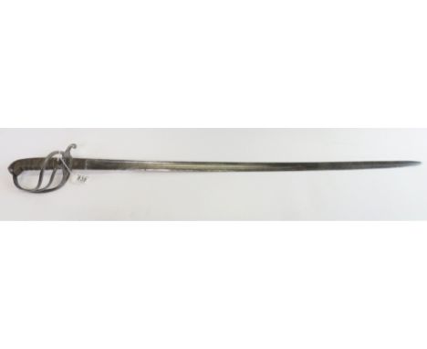 An 1822 pattern Light Cavalry officers sword having three bar guard, wire bound fish skin grip, slightly curved blade etched 