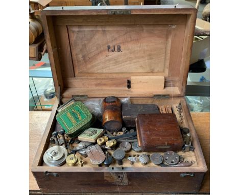 Mahogany box containing (watchmakers lathe fittings) and other tools
