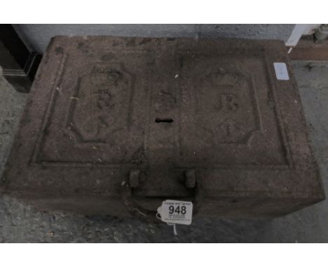 A 19th Century heavy cast iron safe box, the lid cast with crowned “R” and arrow marks, 45.5cms x 30cms x 19cms high, lacks k