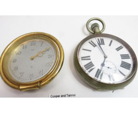 A Goliath pocket watch having white enamel dial with subsidiary seconds dial and in nickel case and together with a brass cas