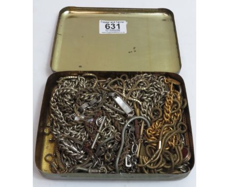 Tin of old pocket watch chains etc